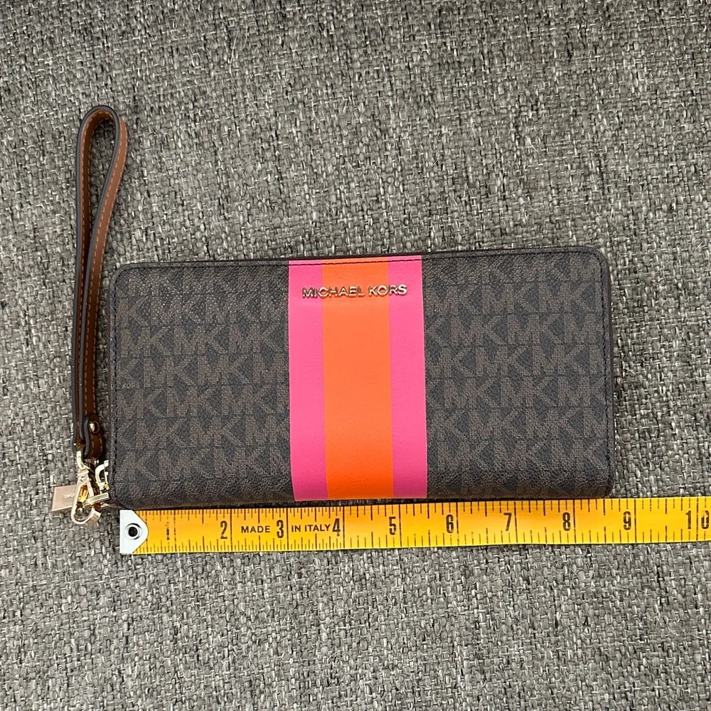 Michael Kors Large Logo Stripe Continental Zip Electric Pink Clutch Wristlet